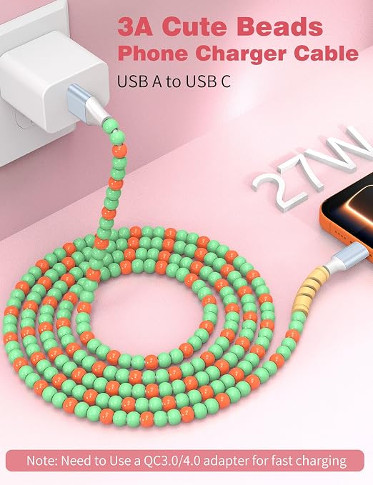 USB A to USB C Cable 6FT,Beaded Charger Cord for iPhone 17 16 Pro Max 17e 15 Car play,Type C Cute Car Charger Cord for iPad 10 11th A16/Samsung S26 S25 S24 S23 FE/Android Phone Girl Women,Green-Orange