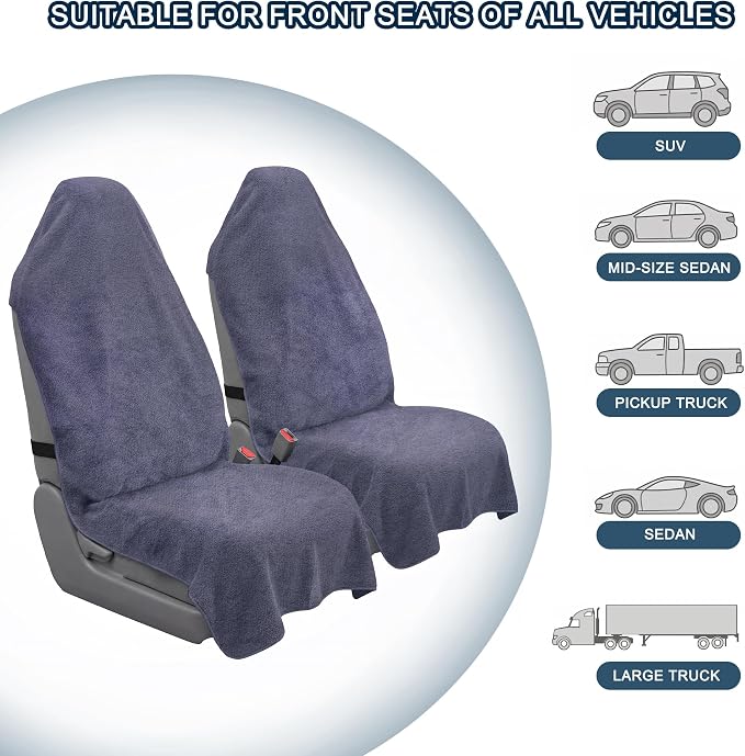 Car Seat Towel Cover, 2pcs Universal Front Seat Protector for Cars, SUVs and Trucks, Sweat Towel Car Seat Cover for Gym, Yoga, Swimming, Pets and Family Travel, Purple Gray