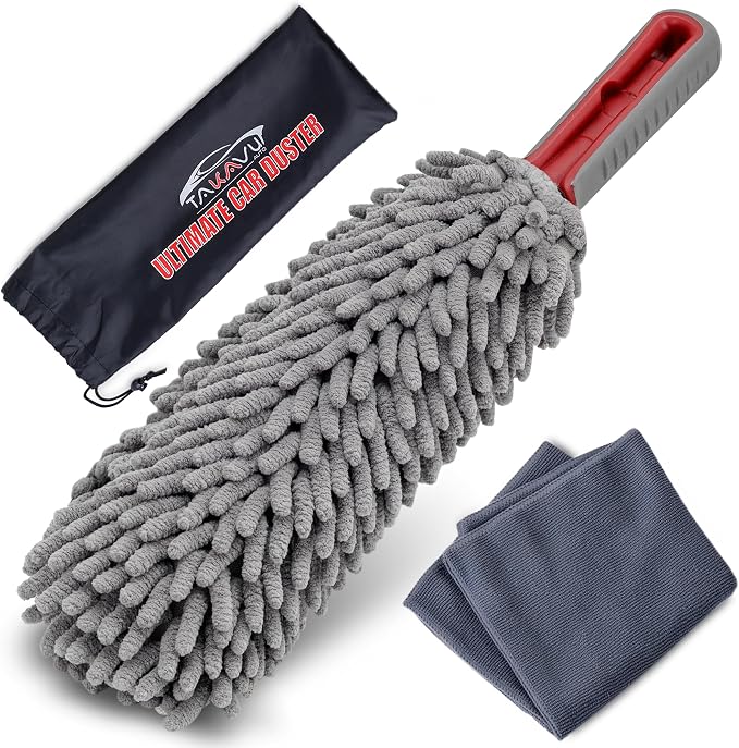 Car Duster Interior, 360° Microfiber Fingers, Lint & Scratch Free | Unbreakable Comfort Handle Duster, Includes Microfiber Towel, Lint-Free & Safe for Car & Home Interior, Gray