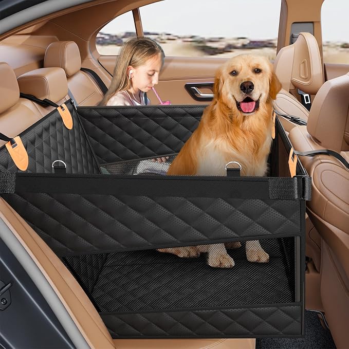 Large Dog Car Seat, Back Seat Extender for Dogs with 3 Mesh Windows, Waterproof Medium Carseat for Dogs with Hard Bottom, Pet Seat Cover for Cars, Trucks and SUVs