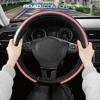 Leather Steering Wheel Cover – Black & Pink, Universal Fit 14.5-15 Inch, Microfiber Leather, Anti-Slip & Breathable Design for Men and Women