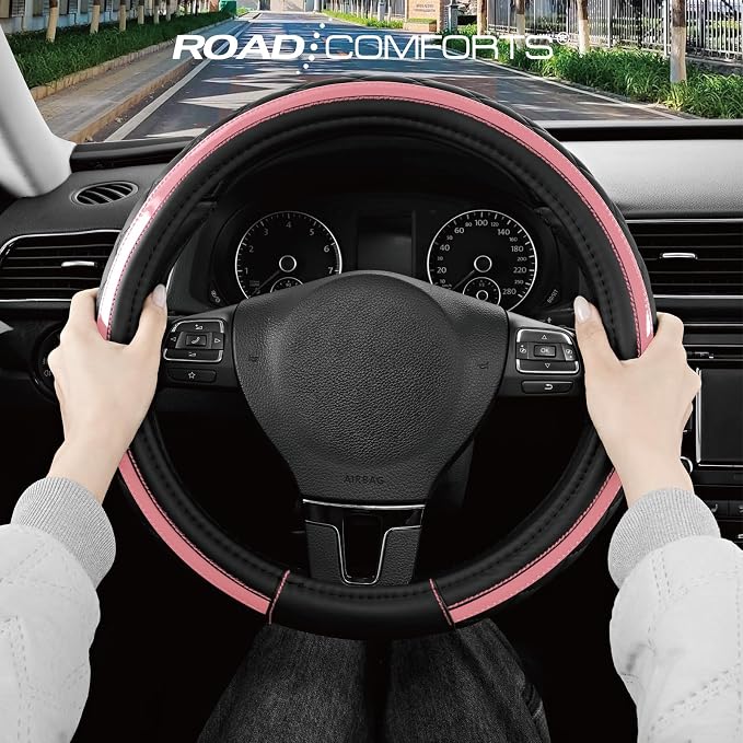 Leather Steering Wheel Cover – Black & Pink, Universal Fit 14.5-15 Inch, Microfiber Leather, Anti-Slip & Breathable Design for Men and Women