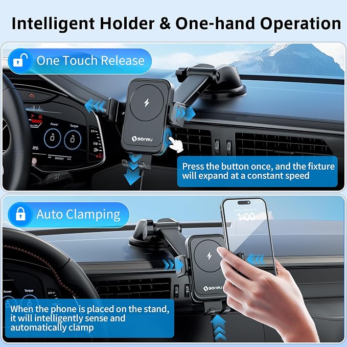 Car Phone Holder Wireless Charger, Qi 15W Wireless Car Charger Fast Charging Auto Clamping Car Charger Mount Suction Holder Dashboard Air Vent for iPhone 16/15/14/13/12/11, Samsung S25/24