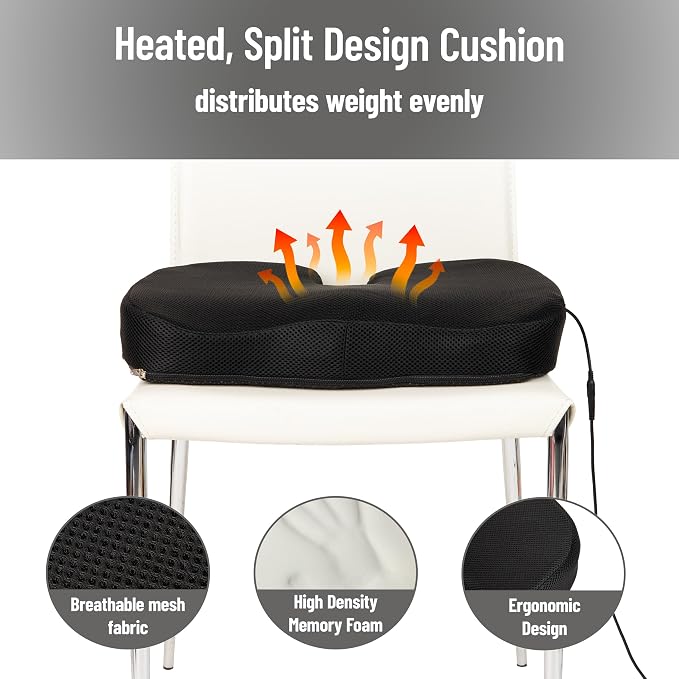 Heated Memory Foam Seat Cushion with Air-Cloud Support, Slim Ergonomic Cushion with 4 Heat Settings Timer and Auto Shut-Off, Black