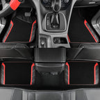 Leather Steering Wheel Cover and Waterproof Car Floor Mats,Microfiber Universal Car Combo Fit for 95% Sedan,SUV,Cars,14.5-15inch Sporty Anti-Slip Safety Comfortable Design(Black＆Red)