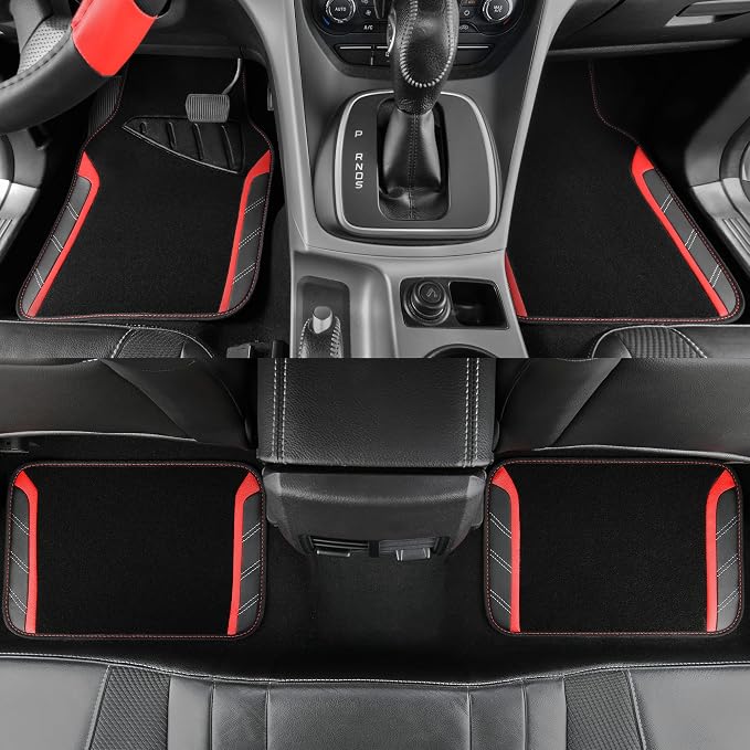 Leather Steering Wheel Cover and Waterproof Car Floor Mats,Microfiber Universal Car Combo Fit for 95% Sedan,SUV,Cars,14.5-15inch Sporty Anti-Slip Safety Comfortable Design(Black＆Red)