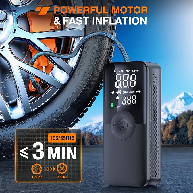 Tire Inflator Portable Air Compressor Rechargeable Battery Cordless 150PSI Faster Inflation Pump with Pressure Gauge for Car Motorcycle Bicycle Ball