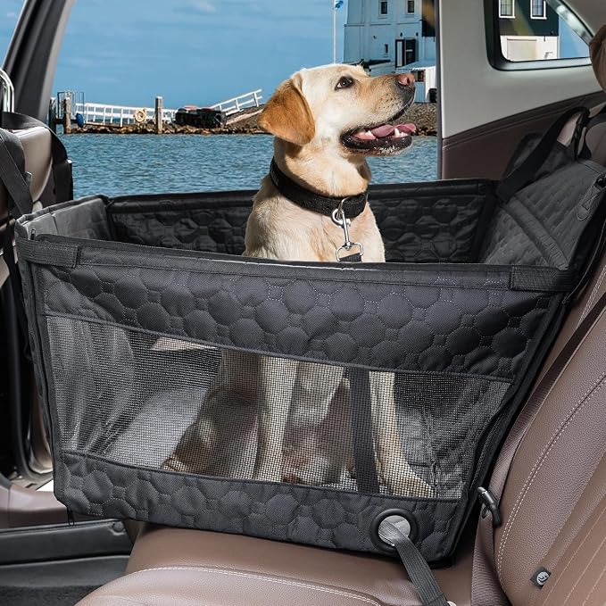 Dog Car Seat for Large Medium Dogs, Dog Car Seat Cover for Back Seat, Foldable Pet CarSeat with Safety Belt, Waterproof Fabric & Breathable Mesh, Back Seat Cover for Dogs Under 40lbs (Large, Black)