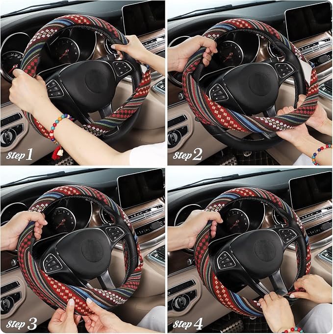 Boho Steering Wheel Cover with Baja Blanket Cloth, Ethnic Style Auto Wheel Cover Made of Coarse Flax, Fits 14 1/2-15 1/4 inches Car Wheel