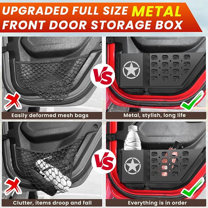 Metal Rear Door Storage Box Pockets Fit for Jeep Wrangler,Door Side Insert Organizer for Jeep Wrangler JL JLU 4XE 2018-2025 & Gladiator JT 2020-2025 Interior Door Storage Expansion Accessories 2PCS