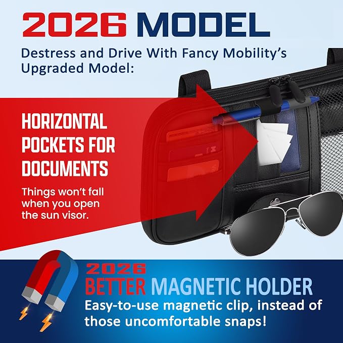 Car Sun Visor Organizer – Car, SUV, Truck Interior Accessories - Magnetic Glasses Holder & Full Length Horizontal Pockets, Allows Safe Driving - 12.2 X 6.1 In, Black