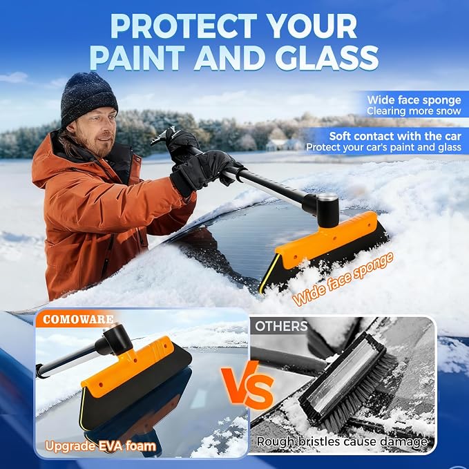 Telescoping 2-in-1 Snow Broom & Ice Scraper for Windshield, 32.5 in No-Scratch Snow Brush with Foam Head, Snow Remover Tool for SUV/Truck, Windows, Roof