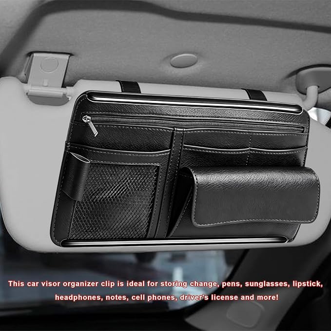 Car Sun Visor Organizer, Scratch-Resistant Auto Visor Glasses Storage Bag with Multi-Pocket Net Zipper, Waterproof Leather Sunshade Organizer Card Holder for Most Vehicles (Black)