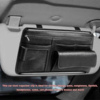 Car Sun Visor Organizer, Scratch-Resistant Auto Visor Glasses Storage Bag with Multi-Pocket Net Zipper, Waterproof Leather Sunshade Organizer Card Holder for Most Vehicles (Black)