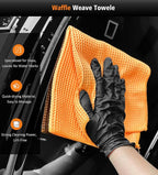 3 Pack Car Drying Towel, 24" x 36" Double Twisted Loop Car Drying Towels Extra Large, 16" x 16" Edgeless Microfiber Drying Towel and Absorbent Waffle Weave Towels for Cars Truck SUV, Orange