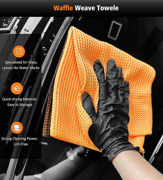 3 Pack Car Drying Towel, 24" x 36" Double Twisted Loop Car Drying Towels Extra Large, 16" x 16" Edgeless Microfiber Drying Towel and Absorbent Waffle Weave Towels for Cars Truck SUV, Orange