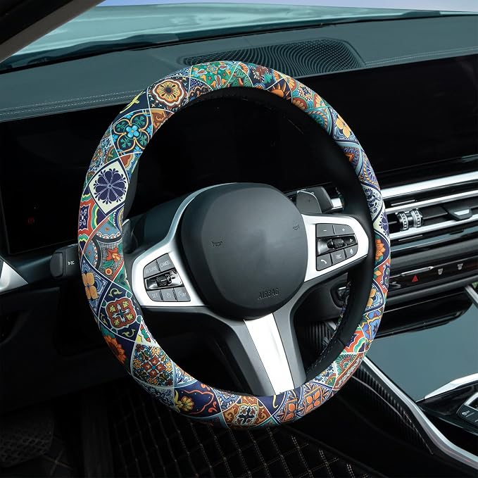 Mexican Talavera Tiles Style Steering Wheel Cover Auto Steering Wheel Protector, Anti-Slip, Breathable, Absorbing Sweat, Universal Mexican Car Accessories 14.5–15 inch,Fit for Most Car, Trucks, SUV