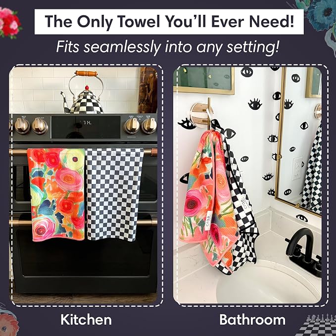 crae. Double Sided Microfiber Hand Towels, 17x27 Inches Waffle Design Kitchen Towels Set, Durable & Soft Fast Drying Hand Wash Cloth and Dishcloth Perfect for Everyday (Pia & Fonnie - Black/Pink)