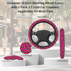 Pink Leopard Steering Wheel Cover,Pink Cheetah Leopard Universal 15" Elastic Car Steering Wheel Cover with 2 PCS Car Coasters,Anti-Slip Breathable Accessories for Auto,SUVs,Truck