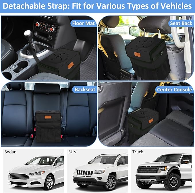 Car Trash Can Bin for Back Seat Leak Proof, Cute Car Trash Bag Hanging, Vehicle Trash Can for SUV Truck Van, Automotive Garbage Cans Front Seat Black
