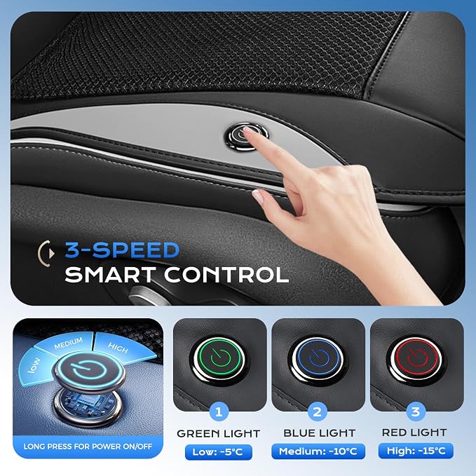 Coverado Cooling Car Seat Cover, Ventilated Seat Cushion with 3-Speed Adjustable Airflow, Gray Breathable Universal Seat Pad for Car SUV Truck Van