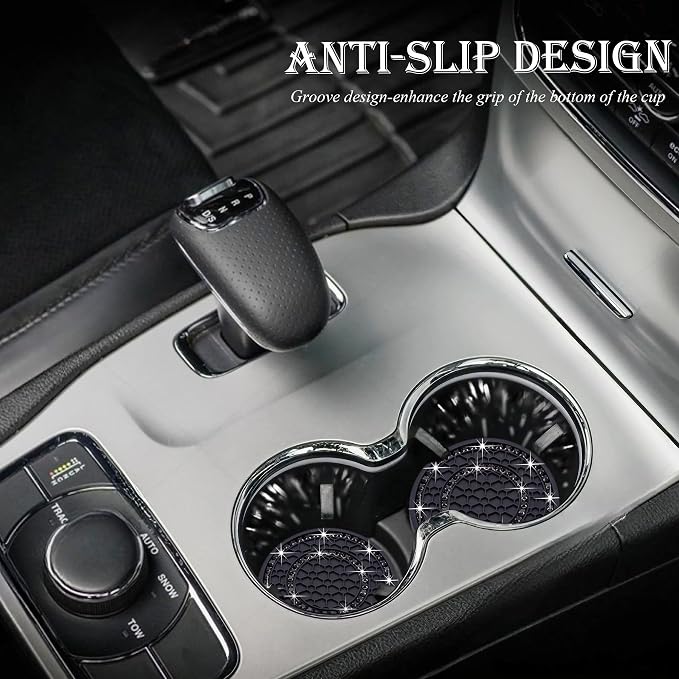 4PCS Bling Crystal Rhinestone Cup Holder Coaster, 2.75 inch Soft Silicone Anti-Slip Shockproof, Car Cup Holder Insert Coasters, Universal Car Interior Accessories for Women (Black)