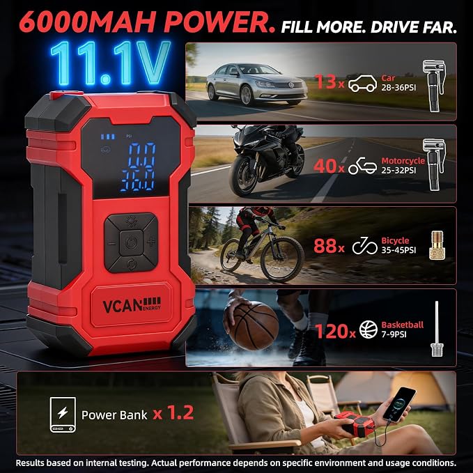 Flat Tire Repair Kit with Air Compressor, 150PSI Portable Air Pump with Auto-Stop & LED, Heavy Duty Tire Plug Kit for Car, SUV, Truck, Jeep, Motorcycle, Roadside Emergency Assistance（Red)