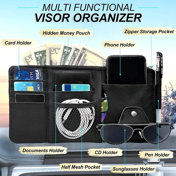 Car Sun Visor Organizer, Auto Interior Accessories Pocket Organizer Visor Storage Pouch Sunglasses Holder with Zipper Pocket for Truck, SUV - Black