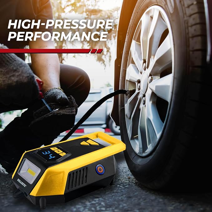 Bullseye 12V DC Car Tire Inflator Portable Air Compressor - Rapid 2 Minute Inflation, Auto Shut-Off, Max 150 PSI, Easy Cord Storage, Digital Pressure Gauge, LED Display (Yellow) - As Seen on TV