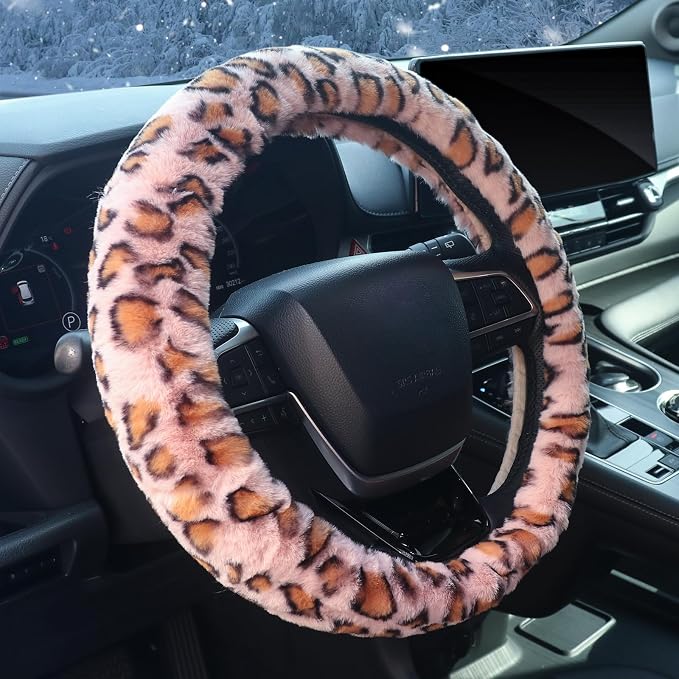 Pink Fuzzy Cheetah Car Steering Wheel Cover for Women Girls,Leopard Warm Fluffy Vehicle Wheel Protector Car Accessories for Men Women,15 Inch,Fit for Cars, Auto, SUVs