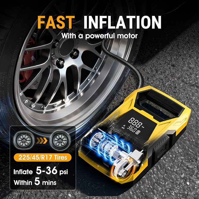 Cordless Tire Inflator Portable Air Compressor, 150 PSI Portable Air Pump for Car Tires with Digital Dual Values Display, Tire Pump for Car, Bike, Motorcycle, Ball (with 7800mAh Battery)