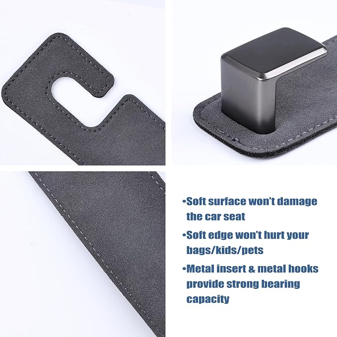 Car Seat Back Hook Universal Auto Storage Hanger Suede with Metal Car Seat Organizer for Handbag Purse Coat Umbrellas Grocery Bags 2 Pack Gray