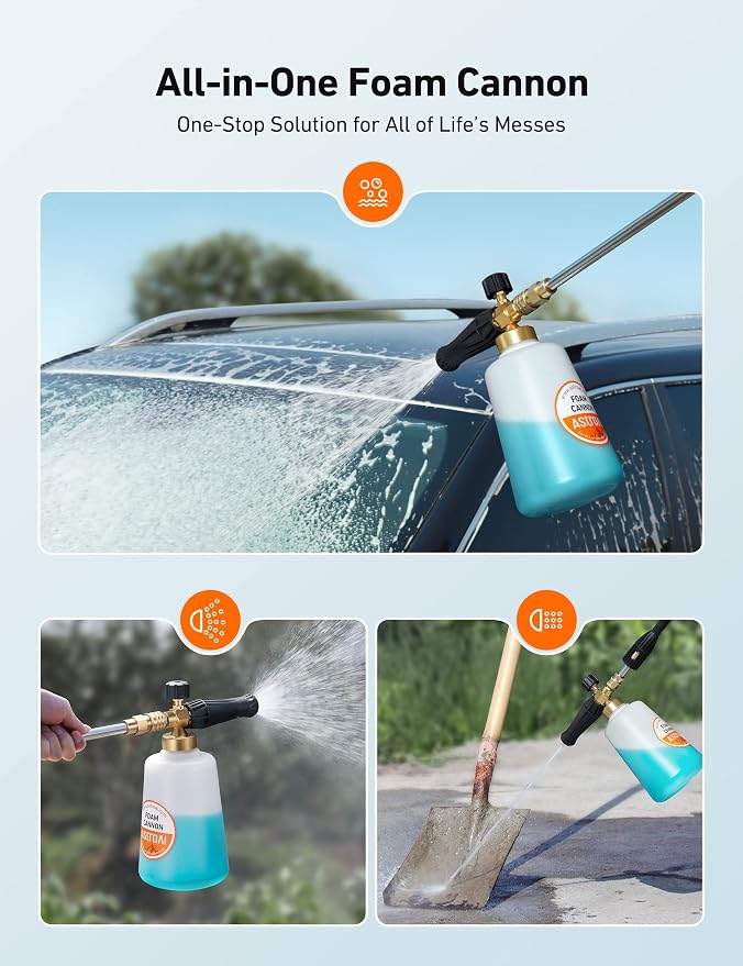 Foam Cannon, Heavy Duty Car Foam Sprayer, Wide Metal Neck, Adjustable Thick Snow Foam Lance for Pressure Washer with 1/4" Quick Connector, Ideal for Various Cleaning Tasks, 1.5L Bottle