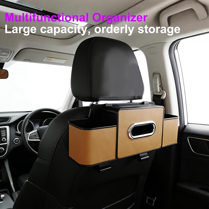 Back Seat Car Organizer, 4+2 in 1 Multifunctional Car Backseat Storage Box with 3 Cup Holders Tissue Box Hook, Car Interior Storage for Travel Phones Snacks Drinks(Brown)