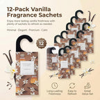 Large 12 Packs Vanilla Hanging Scented Sachets Long-Lasting Closet Deodorizer Air Freshener Fabric Refresher Odor Eliminator for Drawer Home Fragrance Gift Set