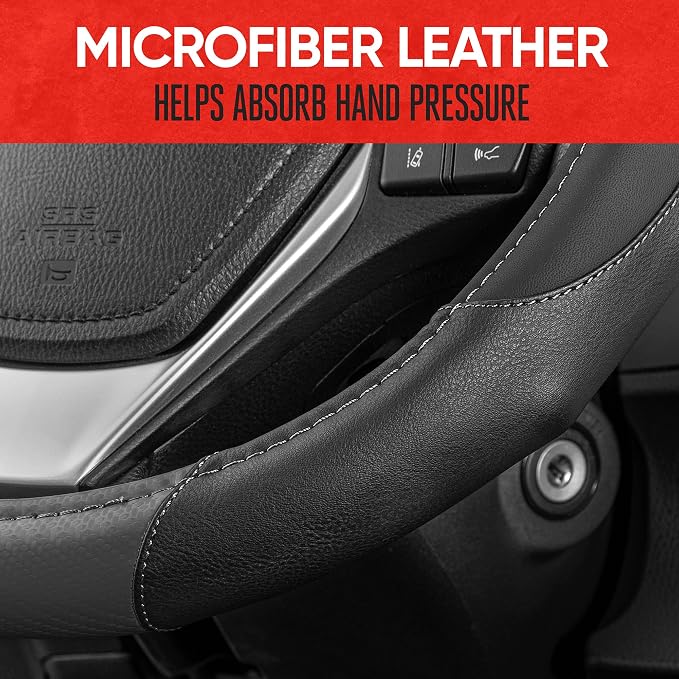 GripDrive Gray Carbon Fiber Steering Wheel Cover, Standard 15 inch Size, Black Faux Leather Comfort Grip, Car Steering Wheel Cover for Auto Truck Van SUV