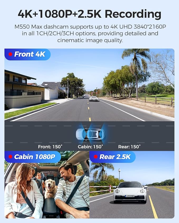 M550 Max 4K 3 Channel Dash Cam, Dual STARVIS 2 Sensors, 4K+2.5K+1080P Front and Rear Inside Triple Car Camera, Built-in WiFi GPS, 64GB Card Included, IR Night Vision, Ride Share Accessories