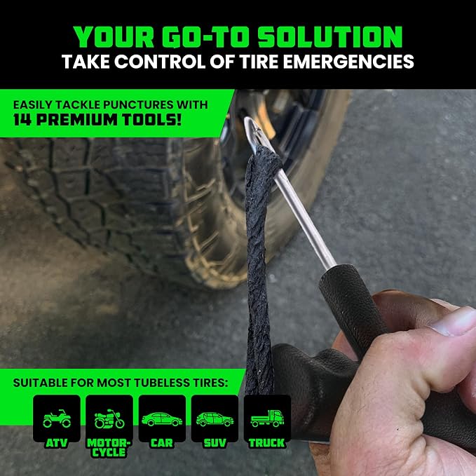 Rhino USA Compact Tire Repair Kit (14-Piece) – Heavy Duty Plug Set with Included Lubricant to Fix Punctures and Seal Flats – Tubeless Tool for Car, Motorcycle, ATV, UTV, RV & Trailer