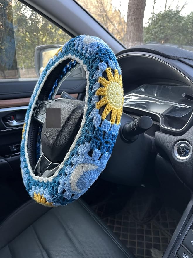Handmade Crochet Sun and Moon Car Steering Wheel Covers Universal 14-15 inch for Women and Men (Steering Wheel Cover+2 Belt Cover)