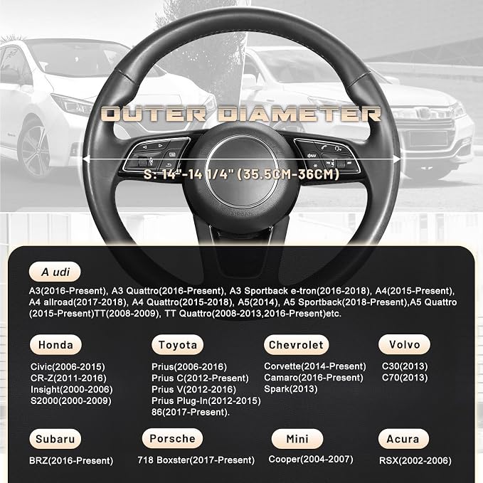Car Steering Wheel Cover for Prius Civic Model 3 Model Y Camaro, Small Size 14-14.25 inch, Black and Beige Microfiber Leather
