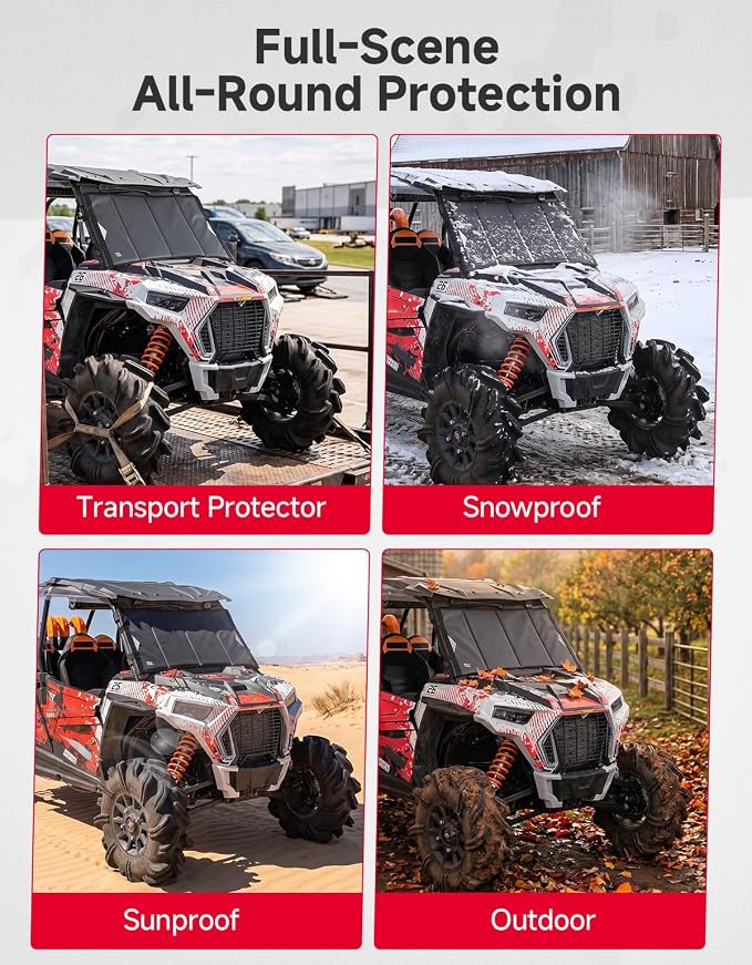 Thick Glass Windshield Cover Transport Protector Compatible with 2014-2023 RZR XP 1000 | Large Size Waterproof Sunshade Snow Dust Reduction Easy-Installation With 10mm EVA foam Soft plush inner lining 800D fabric