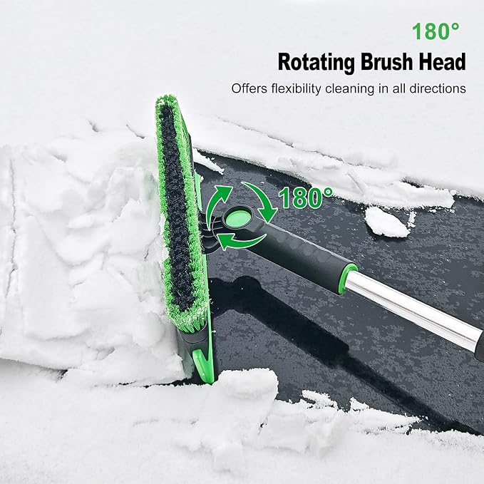 56 Inch Truck Snow Brush Scraper Long Handle, Heavy Duty Extendable Snow Broom for SUV, Windshield Ice Scraper with Foam Grip for Car Automobile Vehicle Window - Green