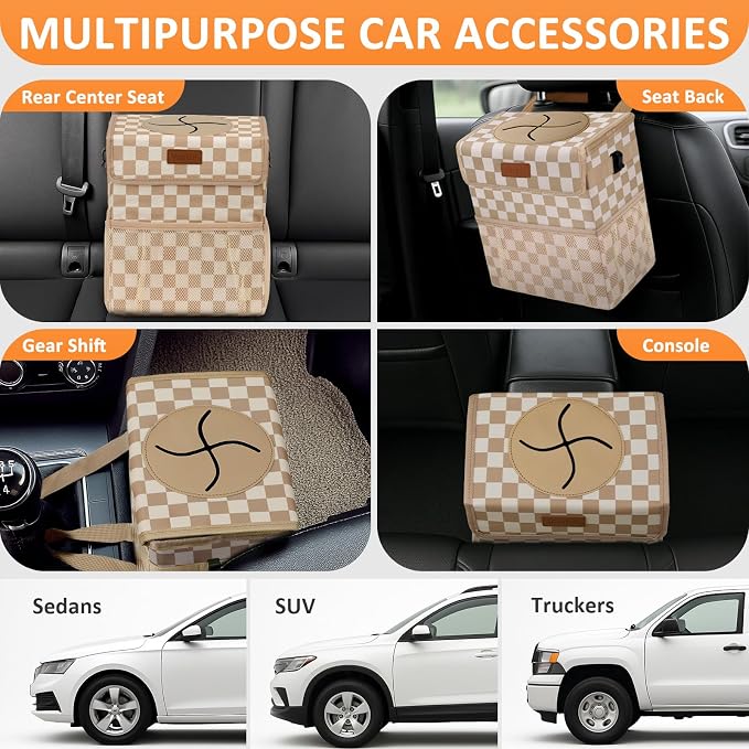 Car Trash Can Bin with Lid Hanging for Back Seat, Car Accessories for Women Men Leak Proof Automotive Garbage Cans Leakproof Vehicle Trash Can for Truck SUV,Khaki Checkered