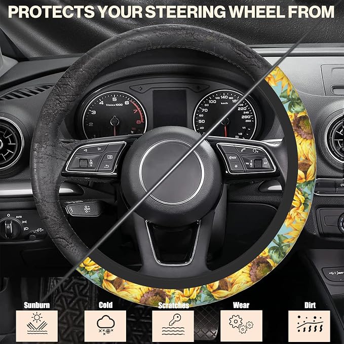 Watercolor Sunflower Steering Wheel Cover, Elastic Non-Slip Steering Wheel Protector,Auto Interior Decor for Women Girls,Universal 15" Fit for Sedans,Trucks