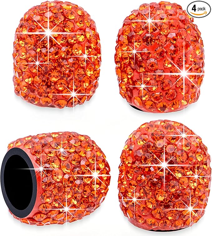 4PCS Bling Crystal Diamond Tire Stem Valve Caps, Dustproof Car Wheel Tire Valve Caps Universal Tire Valve Stem Covers for Cars, SUV, Trucks, Bikes, Motorcycles, Bicycles (Orange)
