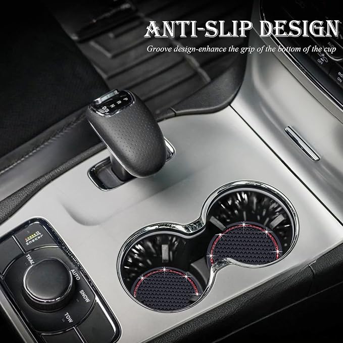 4PCS Bling Cup Holder Coaster, 2.75 Inch Auto Car Cup Holder Insert Coasters, Soft Silicone Anti-Slip Shockproof, Universal Vehicle Interior Accessories for Women Girls (Black & Red)