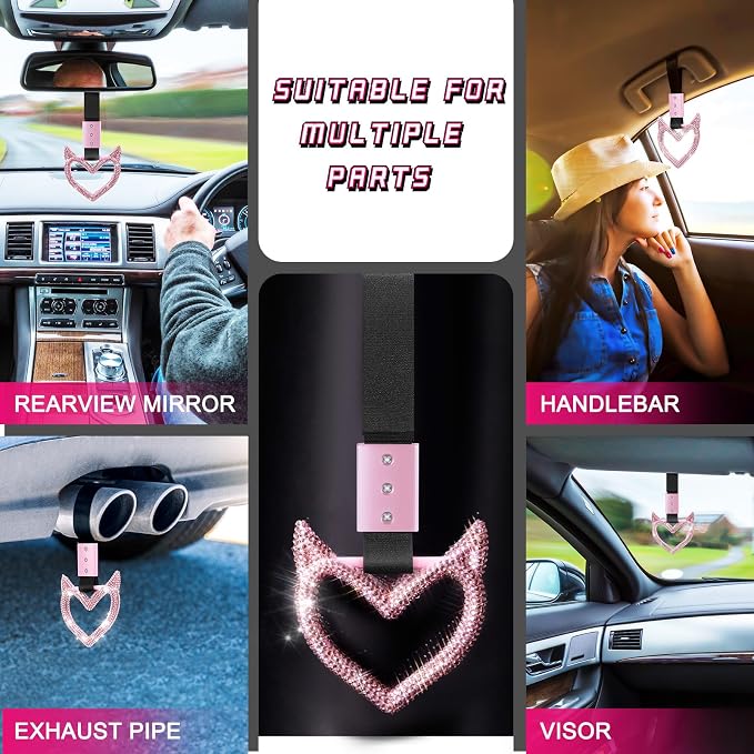 Glittery Car Accessories Bling Heart Handle Ring Car Accessory for Women Heart Hand Strap Drift Charm Rear Bumper Warning Ring Decor for Bus Interior Exterior Decoration (Pink, Devil Style)
