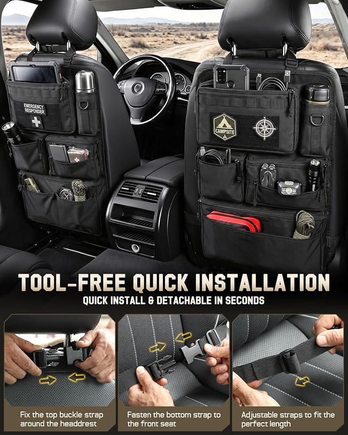 All in One Car Seat Back Organizer Fit Most Cars SUV Trucks Jeeps | Heavy Duty Molle Panel Seat Back Protector with Multi-Pockets Storage, for Tools, Toys, Camping, Travel, Daily Commuting