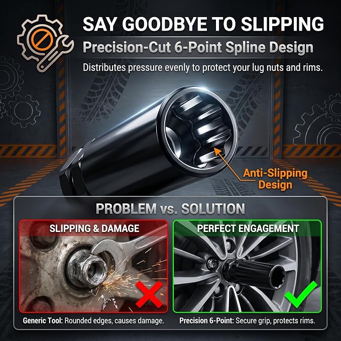 Large 6 Spline Lug Nut Socket, Car Wheel Lock Removal Tool, Replacement Lock Key for Aftermarket 6-Spline Wheel Nuts, for 21 mm (13/16 Inch) & 22 mm (7/8 Inch) Hex Socket Wrench