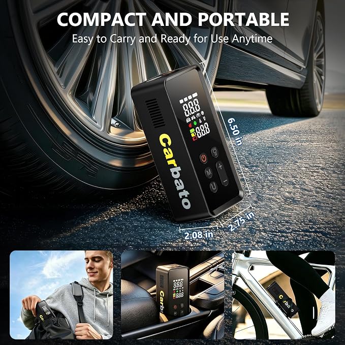 Tire Inflator Portable Air Compressor, 150PSI Cordless Air Pump for Car Tires with Digital Dual Values Display, Auto Shut Off & LED Emergency Light, Smart Air Pump for Car, Motorcycle, Bike, Ball